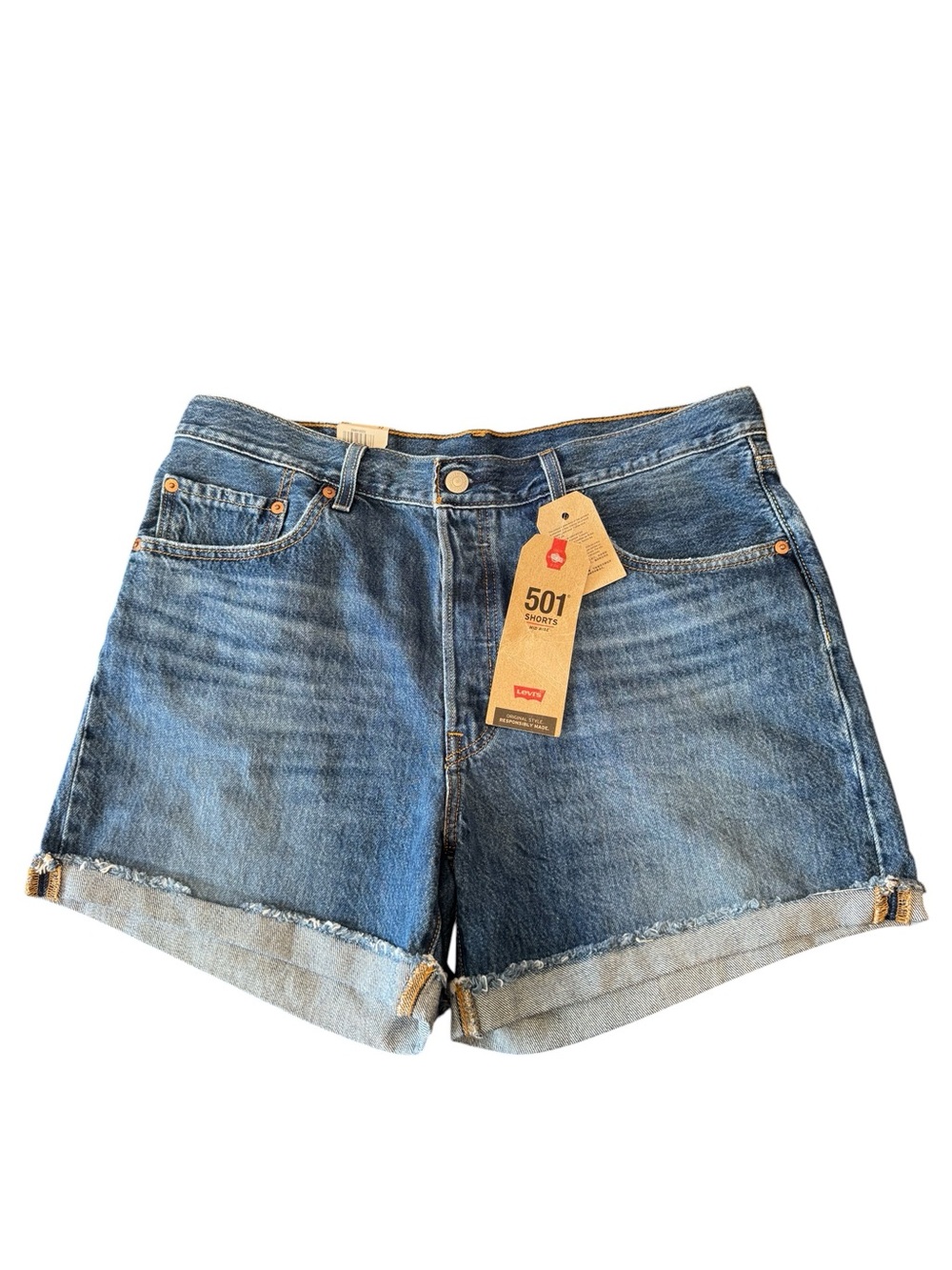 Levi’s 501 Cuffed Hem Mid Rise Denim Jean Short Womens W32 Med Wash  Button NWT